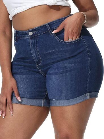 Womens Plus Size Jean Shorts Stretchy High Waisted Distressed Fold Hem Denim Shorts in Saudi Arabia