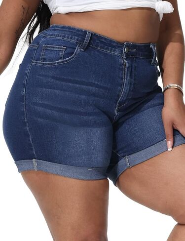 Womens Plus Size Jean Shorts Stretchy High Waisted Distressed Fold Hem Denim Shorts in Saudi Arabia