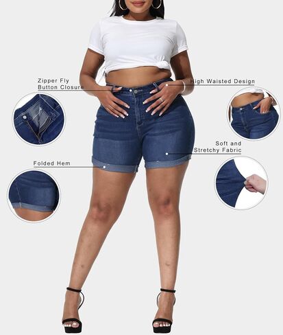 Womens Plus Size Jean Shorts Stretchy High Waisted Distressed Fold Hem Denim Shorts in Saudi Arabia