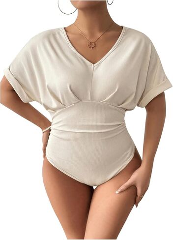 SOLY HUX Women's Plus Size V Neck Tummy Control Bodysuit Short Sleeve Ruched Leopard Tops in Saudi Arabia