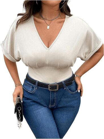 SOLY HUX Women's Plus Size V Neck Tummy Control Bodysuit Short Sleeve Ruched Leopard Tops in Saudi Arabia