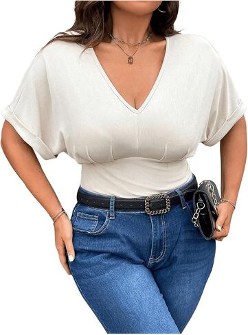 SOLY HUX Women's Plus Size V Neck Tummy Control Bodysuit Short Sleeve Ruched Leopard Tops in Saudi Arabia
