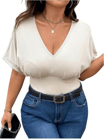 SOLY HUX Women's Plus Size V Neck Tummy Control Bodysuit Short Sleeve Ruched Leopard Tops in Saudi Arabia