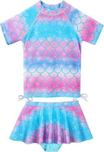 BAOHULU Girls Two Piece Swimsuits Rash Guard Ruffle Bikini Skirt Short Sleeves Beach Dress Swimwear UPF 50+ 3-12Y in Kuwait