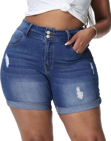Womens Plus Size Jean Shorts Stretchy High Waisted Distressed Fold Hem Denim Shorts in Saudi Arabia