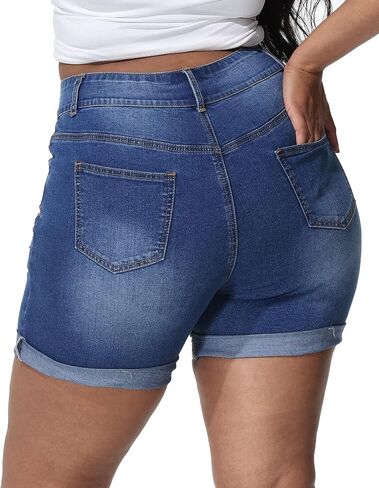 Womens Plus Size Jean Shorts Stretchy High Waisted Distressed Fold Hem Denim Shorts in Saudi Arabia