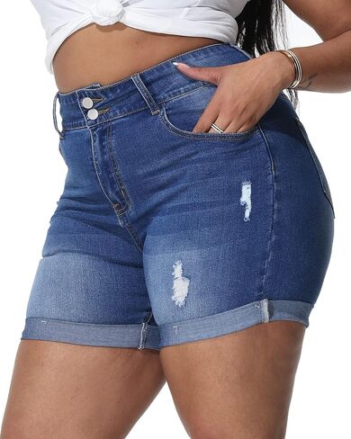 Womens Plus Size Jean Shorts Stretchy High Waisted Distressed Fold Hem Denim Shorts in Saudi Arabia