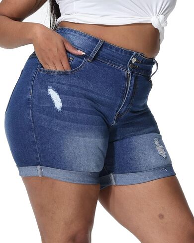 Womens Plus Size Jean Shorts Stretchy High Waisted Distressed Fold Hem Denim Shorts in Saudi Arabia