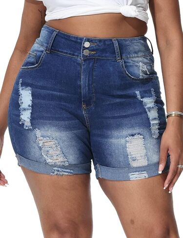 Womens Plus Size Jean Shorts Stretchy High Waisted Distressed Fold Hem Denim Shorts in Saudi Arabia