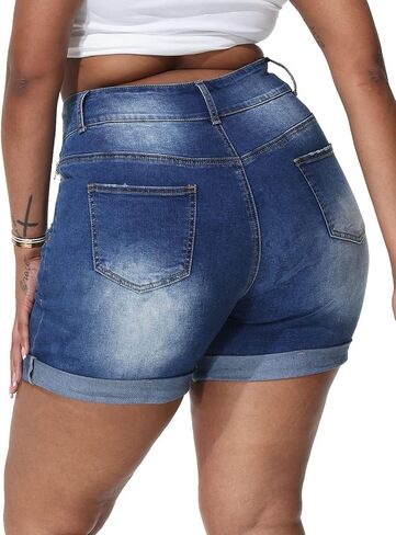 Womens Plus Size Jean Shorts Stretchy High Waisted Distressed Fold Hem Denim Shorts in Saudi Arabia