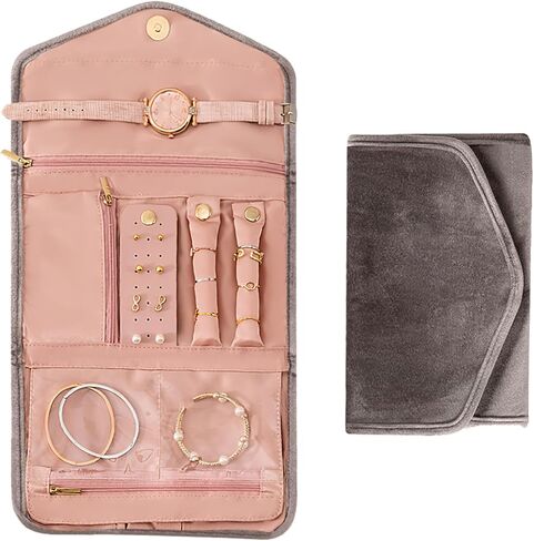 منظم مجوهرات السفر ، لفة مجوهرات قابلة للطي للحلقات ، القلادات ، الأقراط ، الأساور-تخزين السفر المدمج (أبيض) in Kuwait
