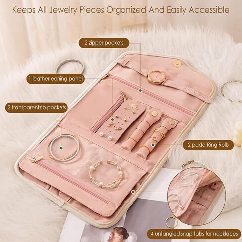 منظم مجوهرات السفر ، لفة مجوهرات قابلة للطي للحلقات ، القلادات ، الأقراط ، الأساور-تخزين السفر المدمج (أبيض) in Kuwait