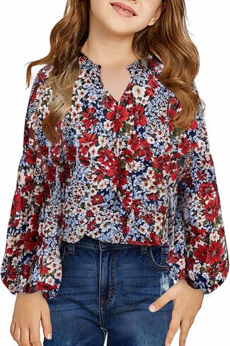 blibean Girl Flower Bell Sleeve Blouse Floral Fall Tops 4-15 Years in Saudi Arabia