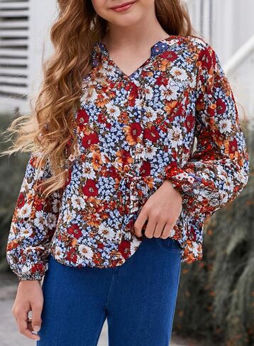 blibean Girl Flower Bell Sleeve Blouse Floral Fall Tops 4-15 Years in Saudi Arabia