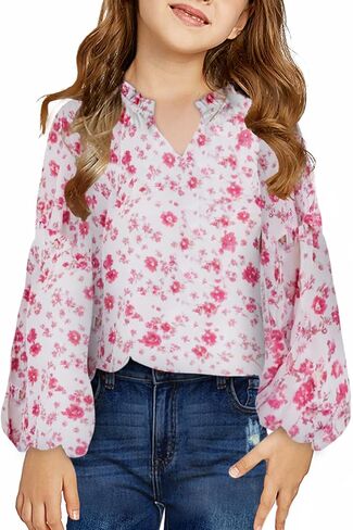 blibean Girl Flower Bell Sleeve Blouse Floral Fall Tops 4-15 Years in Saudi Arabia