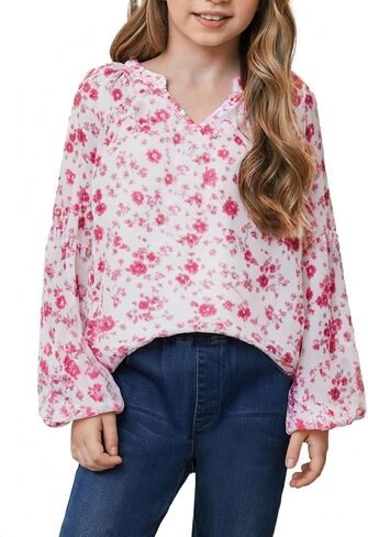 blibean Girl Flower Bell Sleeve Blouse Floral Fall Tops 4-15 Years in Saudi Arabia