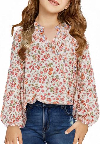 blibean Girl Flower Bell Sleeve Blouse Floral Fall Tops 4-15 Years in Saudi Arabia