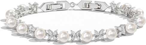 EVER FAITH Gorgeous Cubic Zirconia Wedding Jewelry for Bride Bridesmaid, Elegant Simulated Pearl Teardrop Tennis Bracelet Gift for Women in Saudi Arabia