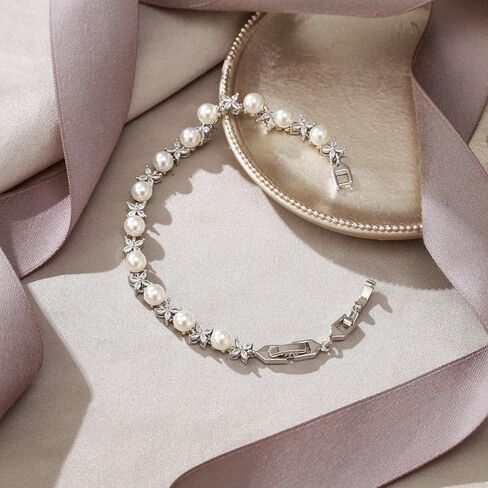 EVER FAITH Gorgeous Cubic Zirconia Wedding Jewelry for Bride Bridesmaid, Elegant Simulated Pearl Teardrop Tennis Bracelet Gift for Women in Saudi Arabia