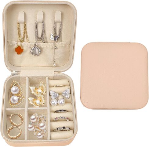 Travel Jewelry Case, Small Portable Organizer, Compact PU Leather Box for Rings, Earrings, Necklaces, Lipsticks, Gift for Women (Pink) in Saudi Arabia