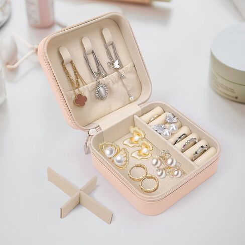 Travel Jewelry Case, Small Portable Organizer, Compact PU Leather Box for Rings, Earrings, Necklaces, Lipsticks, Gift for Women (Pink) in Saudi Arabia