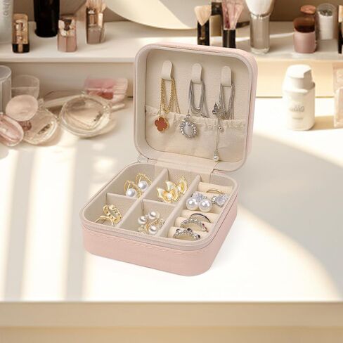 Travel Jewelry Case, Small Portable Organizer, Compact PU Leather Box for Rings, Earrings, Necklaces, Lipsticks, Gift for Women (Pink) in Saudi Arabia