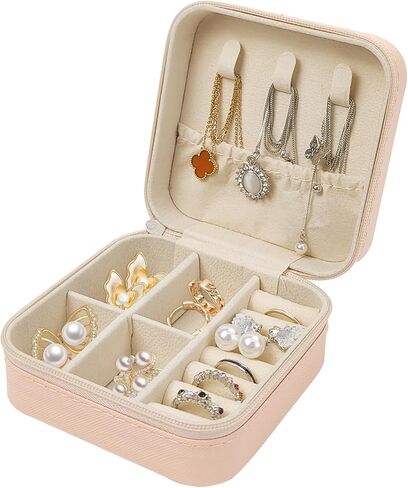 Travel Jewelry Case, Small Portable Organizer, Compact PU Leather Box for Rings, Earrings, Necklaces, Lipsticks, Gift for Women (Pink) in Saudi Arabia