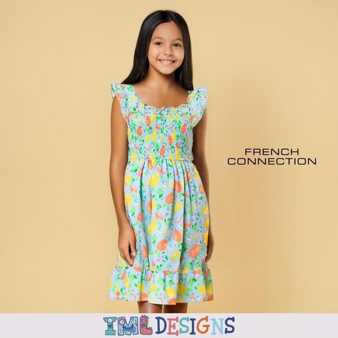 French Connection Girls All Over Print Soft Casual Dress - Flutter Sleeve Ruffle Floral Print Summer Sundress for Kids in Saudi Arabia