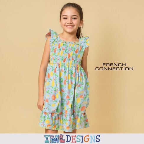 French Connection Girls All Over Print Soft Casual Dress - Flutter Sleeve Ruffle Floral Print Summer Sundress for Kids in Saudi Arabia