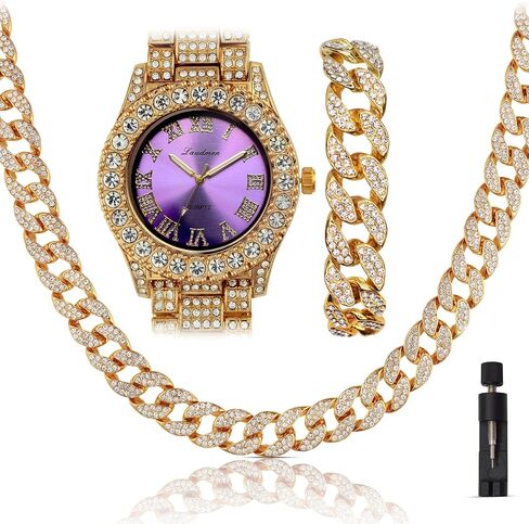 Iced Out 44mm dial contlulful gold مطلية كبيرة الماس رومون الروماني ساعة ، سلسلة قلادة الكوبية الكاملة 18 بوصة ، مجموعة هدايا بلينج الفاخرة الفاخرة in Saudi Arabia