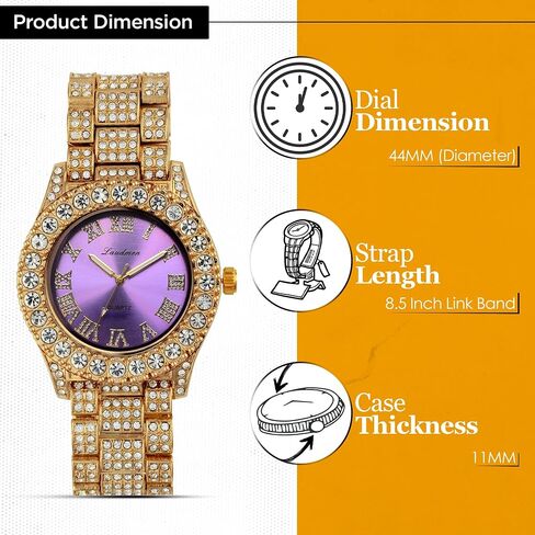 Iced Out 44mm dial contlulful gold مطلية كبيرة الماس رومون الروماني ساعة ، سلسلة قلادة الكوبية الكاملة 18 بوصة ، مجموعة هدايا بلينج الفاخرة الفاخرة in Saudi Arabia