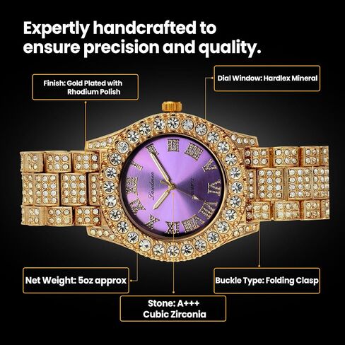 Iced Out 44mm dial contlulful gold مطلية كبيرة الماس رومون الروماني ساعة ، سلسلة قلادة الكوبية الكاملة 18 بوصة ، مجموعة هدايا بلينج الفاخرة الفاخرة in Saudi Arabia