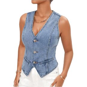 MakeMeChic Women's V Neck Sleeveless Denim Jacket Single Breasted Crop Top Y2k Jean Vest