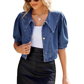 Womens Casual Jacket Cute Short Puff Sleeves Button Down Cropped Jean Denim Jacket Trucker Coat Shirt Top