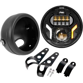 5-3/4 5.75" White DRL/Amber Turn Signal Motorcycle Headlight with Headlight Housing Bucket Mount Brackets Compatible with Shadow 750 Rebel 500 Vulcan Cafe Racer Choppers Cruiser