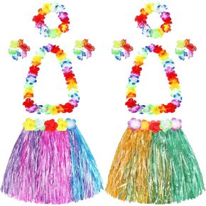 TOODOO Elastic Hawaiian Hula Grass Skirt with Flower Costume Set for Party Beach Dance Fancy Dress, Multicolor, 2 Sets