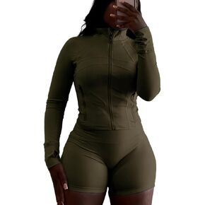 Women 2 Piece Outfits Tracksuits Sweatsuit Sets Long Sleeve Zip Up Running Jacket Shorts Set Workout Outfit