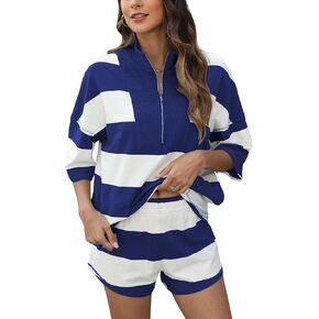 Women's Striped 2 Piece Outfits Oversized Lounge Set Summer Workout Sets Top and Shorts with Pockets