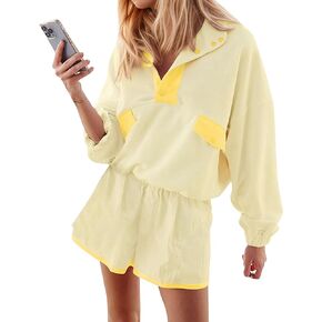 Womens 2 Piece Short Sets Loose Color Block Sweatshirts Short Set and Summer Long Sleeve Pullover Tracksuit with Pocket