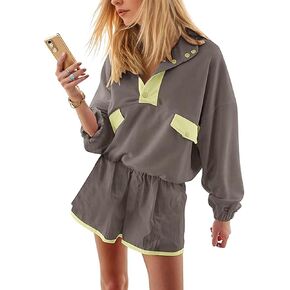 Womens 2 قطعة قصيرة مجموعات بلوك فضفاضة بلوك بلوك مجموعة قصيرة وصيف الأكمام طويلة الأكمام. in Kuwait