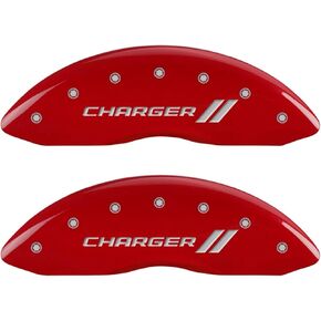MGP Caliper Covers - Brake Caliper Covers 2011-2023 Dodge Challenger 2011-2023 Dodge Charger (Dual Piston) Front and Rear Set - Charger II Logo - Red