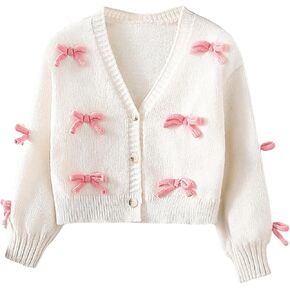 Floerns Girl's 3D Bow Decor V Neck Cardigan Button Down Long Sleeve Sweater Outwear