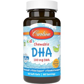 Carlson - Kid's Chewable DHA, 100 mg DHA, Brain & Vision Function, Growth & Development, Orange, 60 Chewable Softgels