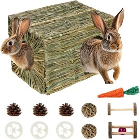 BWOGUE Extra Large Grass House for Rabbits,Hand Crafted Natural Grass Hideaway Foldable Bed Hut with Openings Playhouse for Bunny Guinea Pig Chinchilla Ferret for Play and Sleep(2 Pack)