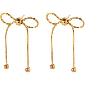 Gold Bow Drop Dangle Earrings for Women, 14k Gold Plated Long Tassel Chain Ribbon Bowtie Stud Earring, Cute Wedding Prom Party Statement Bow Tie Dangling Bows Accessories, Elegant Bowknot Dangly Jewelry Gifts for Ladies