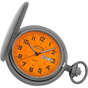 Gotham Men's Railway Classic Gunmetal Stainless Steel Analog Quartz Day/Date Hunter Pocket Watch # GWC14110BOX