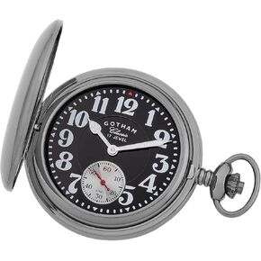 Gotham Men's Classic Gunmetal Plated Polished Case Double Hunter 17 Jewel Mechanical Pocket Watch # GWC18808BBK