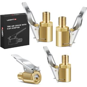 Lasfit Tyre Air Chuck مع محول ، ذكور 8 ملم و concient لا يوجد محول فوهة تسرب لجميع صمامات Schrader للمركبات ، ملحق Connect Locking النحاسي لمعظم عمليات تدفق الإطارات ، مقاييس الضغط
