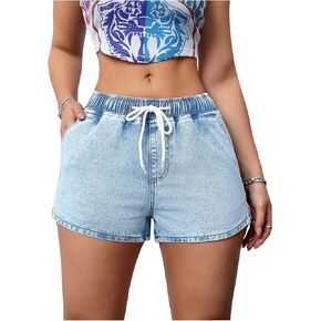 OYOANGLE Women's Vintage Drawstring Waist Denim Shorts Straight Leg Jean Shorts with Pocket