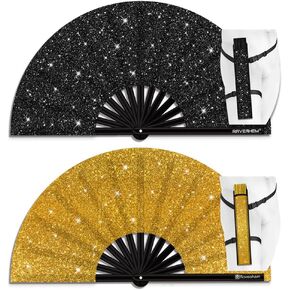 Glitter كبيرة الهذيان قابلة للطي مروحة اليد مع الحافظة للرجال/النساء مروحة محمولة من أجل EDM ، المهرجان ، النادي ، الحفلات ، الرقص (Black & Golden)
